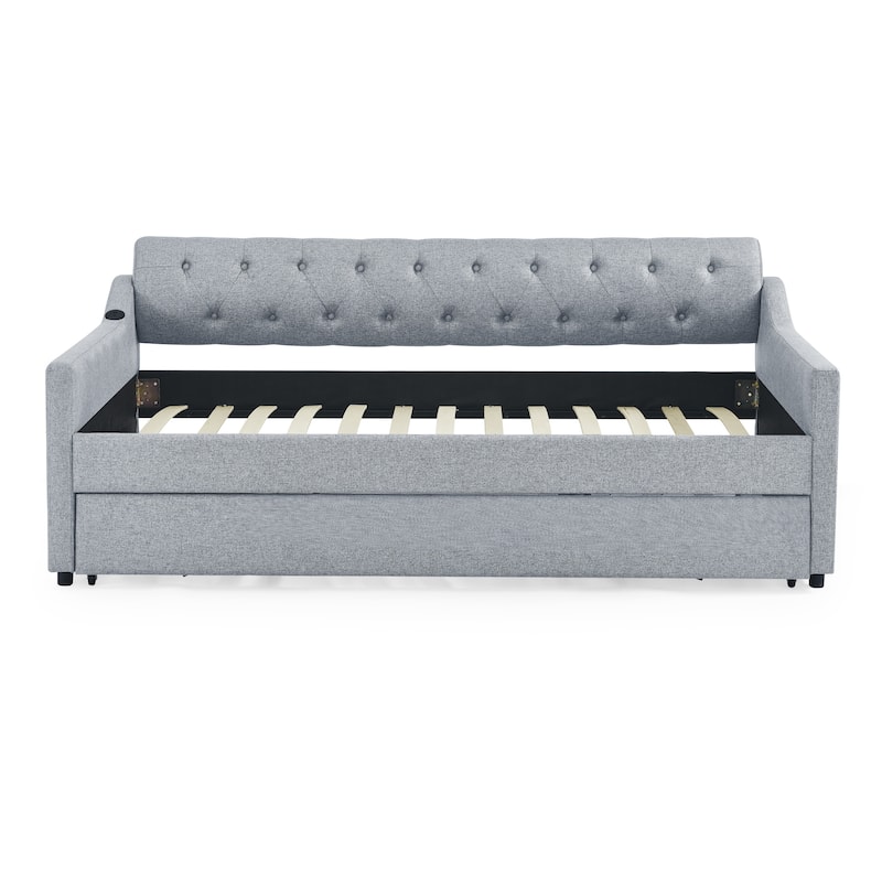 Twin Size Upholstery Daybed with Twin Size Erectable Trundle and USB Charging Design
