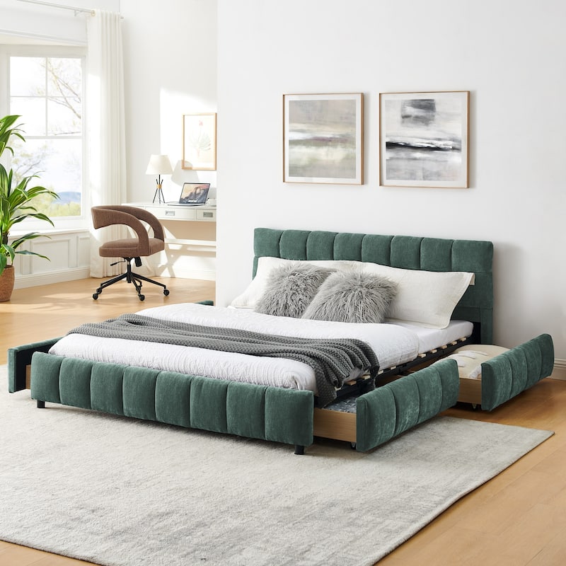 Block Thick Chenille Low Profile Platform Bed Fabric Upholstered Bedframe with Headboard Solid Wood Frame - Optional Storage Bed