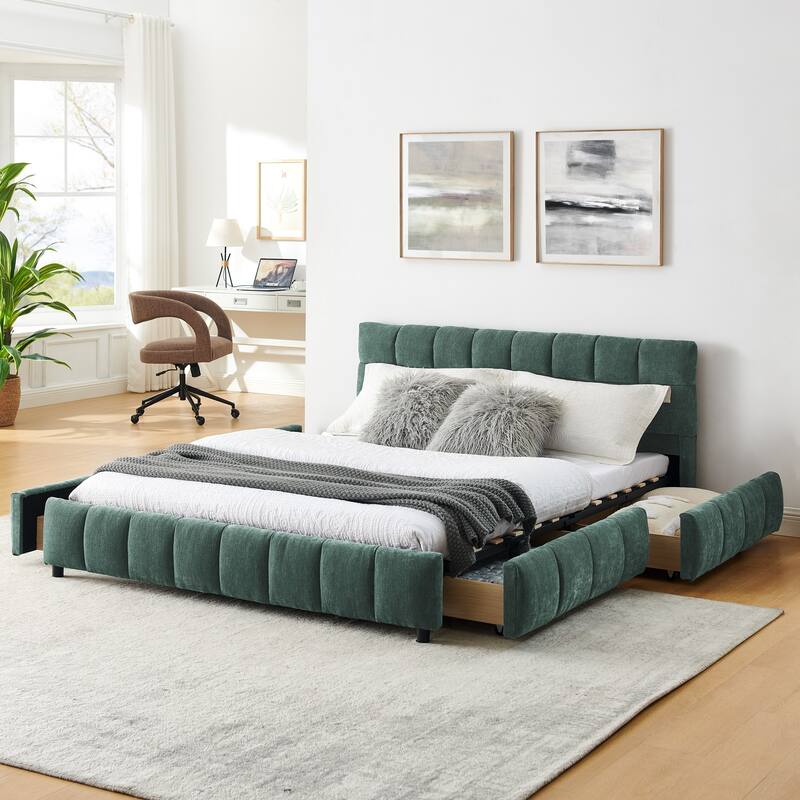 Queen Size Upholstered Bed with Storage Drawers, Soft Chenille Fabric Frame, Modern Platform Bed with Headboard