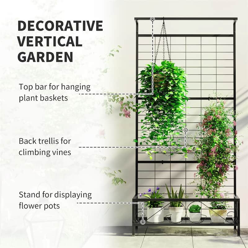 74-Inch Tall Steel Flower Stand with Trellis and Hanging Basket Roof for Garden Patio Plants - 36.2" W x 12.8" D x 74.2" H