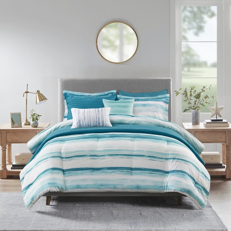 Madison Park Anchorage 8 Piece Printed Seersucker Comforter and Quilt Set Collection - Aqua - California King