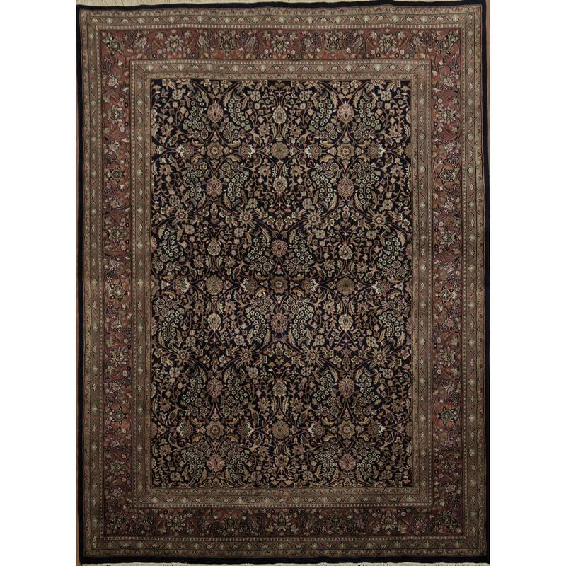 Hand Knotted Oriental 100% Wool Carpet Traditional All-Over Navy Blue & Blues Tabriz Area Rug - 10' 7'' X 7' 9''