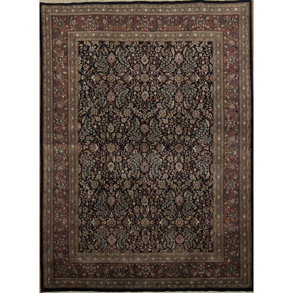 Hand Knotted Oriental 100% Wool Carpet Traditional All-Over Navy Blue & Blues Tabriz Area Rug - 10' 7'' X 7' 9''