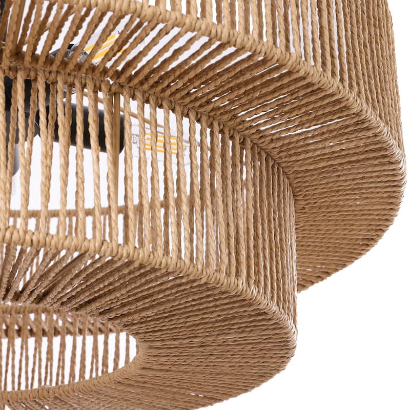 5-Light 21.6in. Rattan Boho Tiered Drum Hand Woven Chandelier