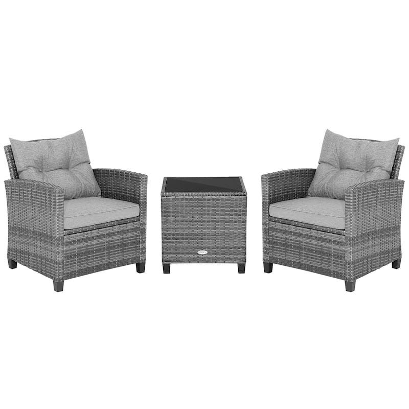 3PCS Patio Rattan Furniture Bistro Set Cushioned Sofas Side Table - Grey