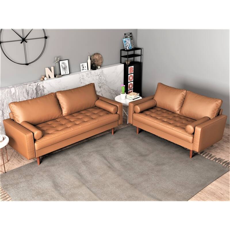US Pride Matton Faux Leather Mid-century Modern living room set-Loveseat and Sofa