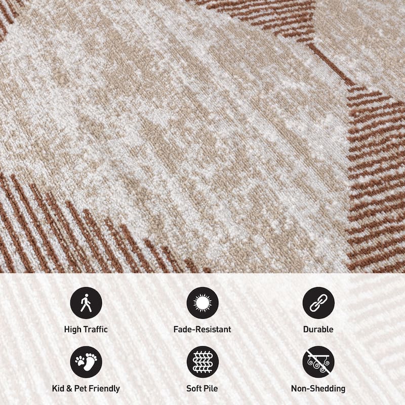 Beige Brown Geometric Stripe Stylish and Durable Area Rug