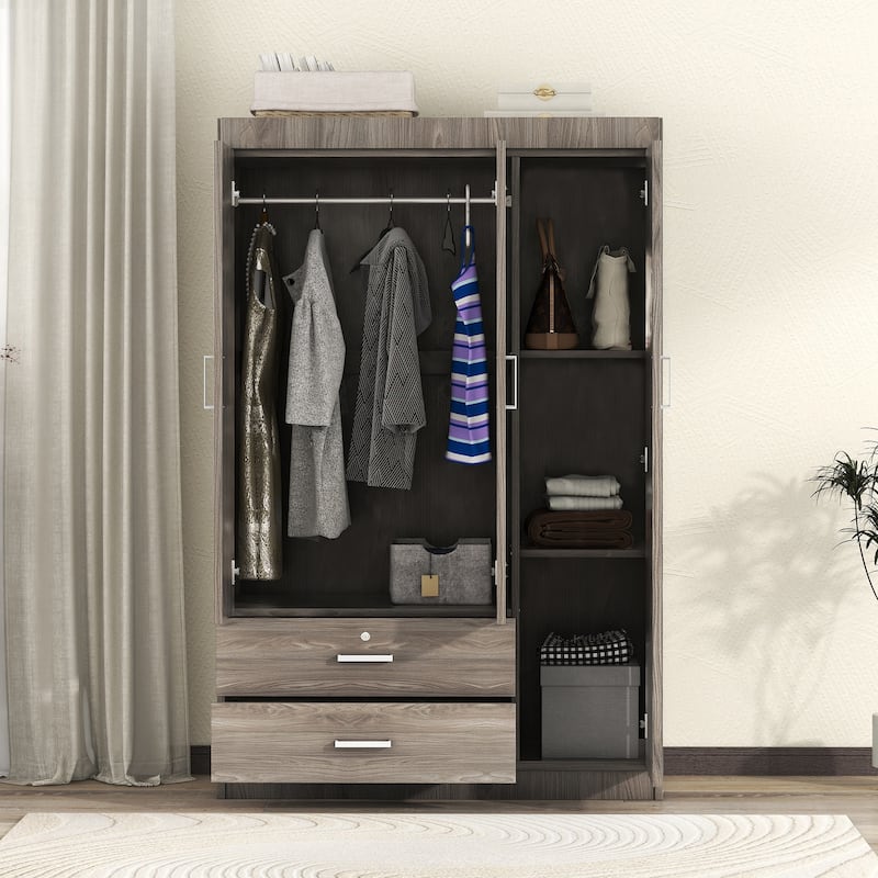 Modern Wardrobe with Drawers, Shelves and Clothes Hanging Rod for Bedroom High Storage Cabinet 3-Door Armoire