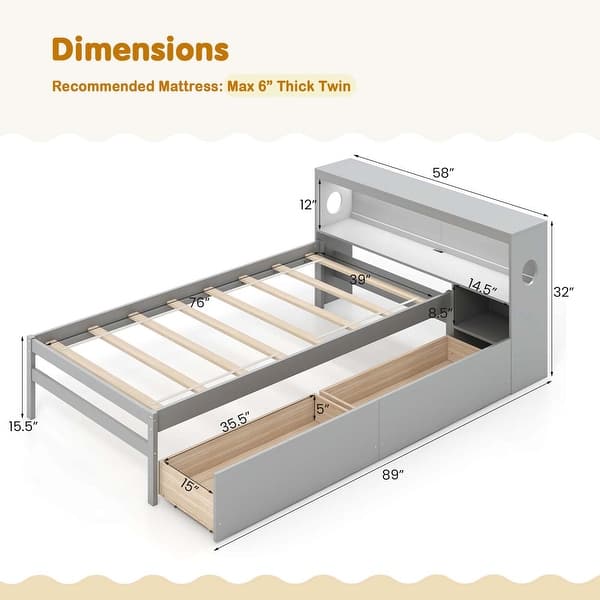 dimension image slide 1 of 2, Costway Twin Size Bed Frame with LED Light & Power Outlet Bookcase