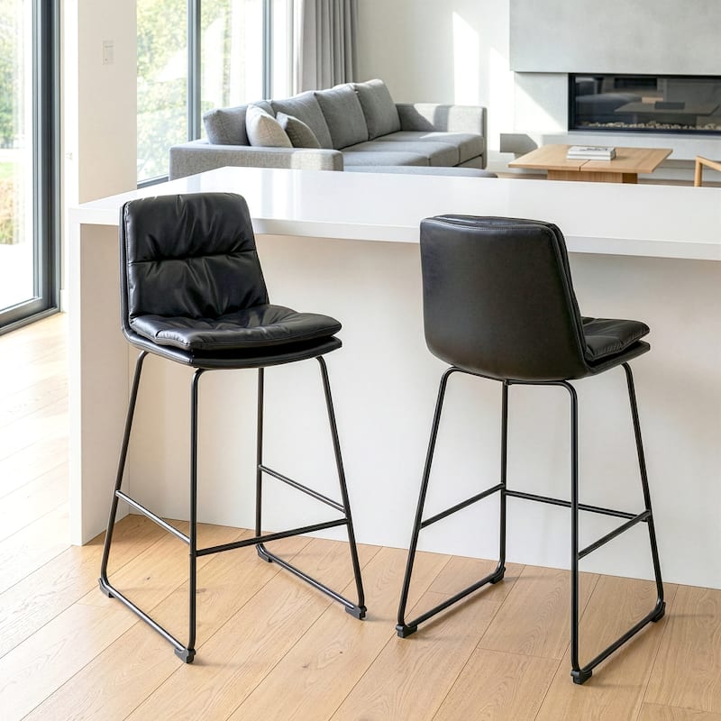 Set of 2 Bauer Black Faux Leather Counter Stool with Black Iron Legs