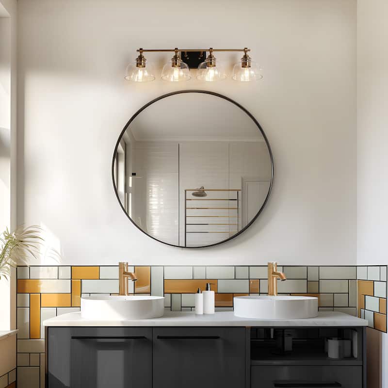 Modern 4-Light Black Gold Bathroom Vanity Light Dome Clear Glass Wall Sconces - W 29.5" x D 6.3" x H 7.9"
