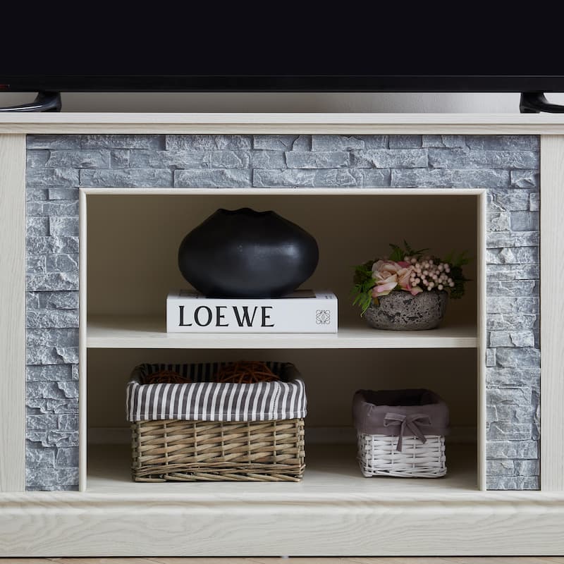 70" White Modern TV Stand with Faux Stacked Stone Surround, Large Media Console Cabinet for TVs up to 75"