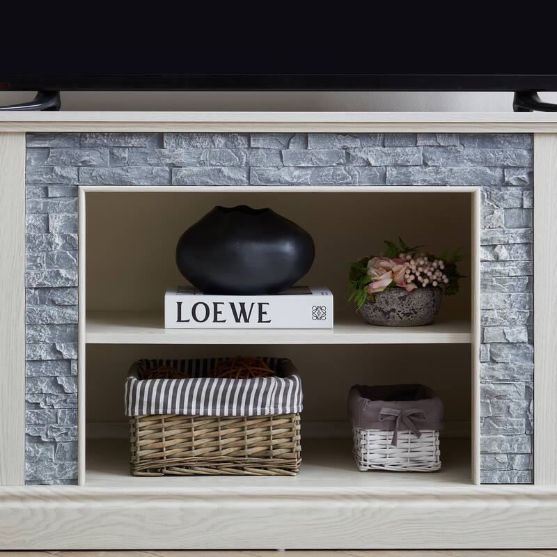Large TV Desk Storage Rack with Faux Stacked Stone Surround