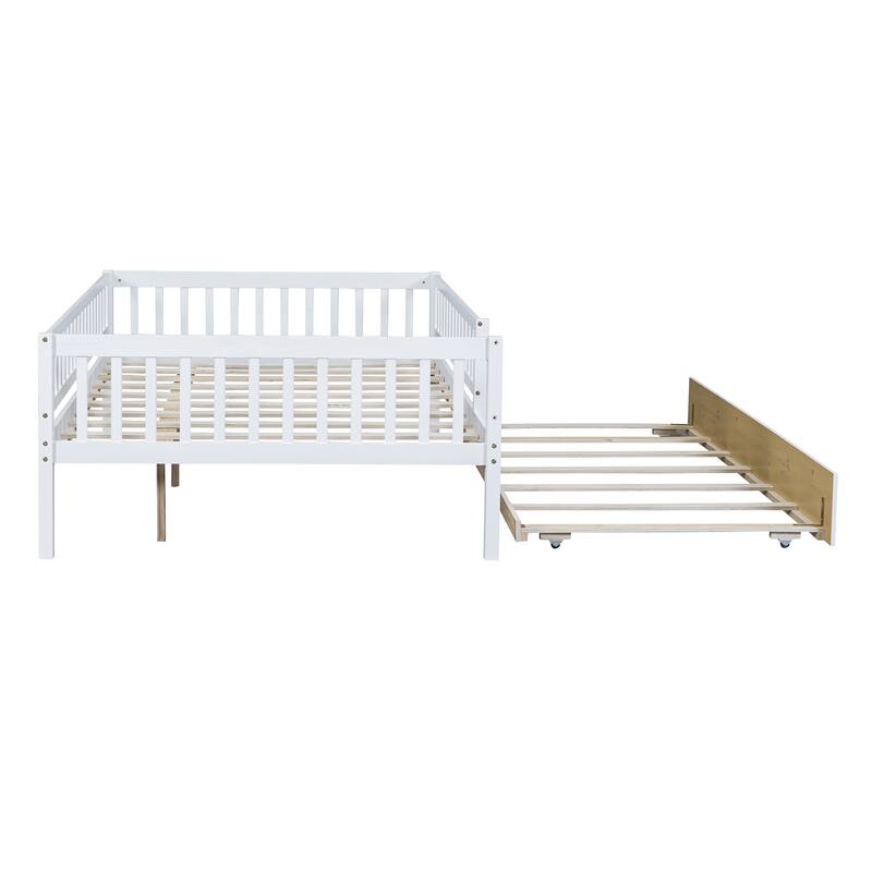 Full Size Wood Daybed with Trundle and Fence Guardrails, Space-Saving Design