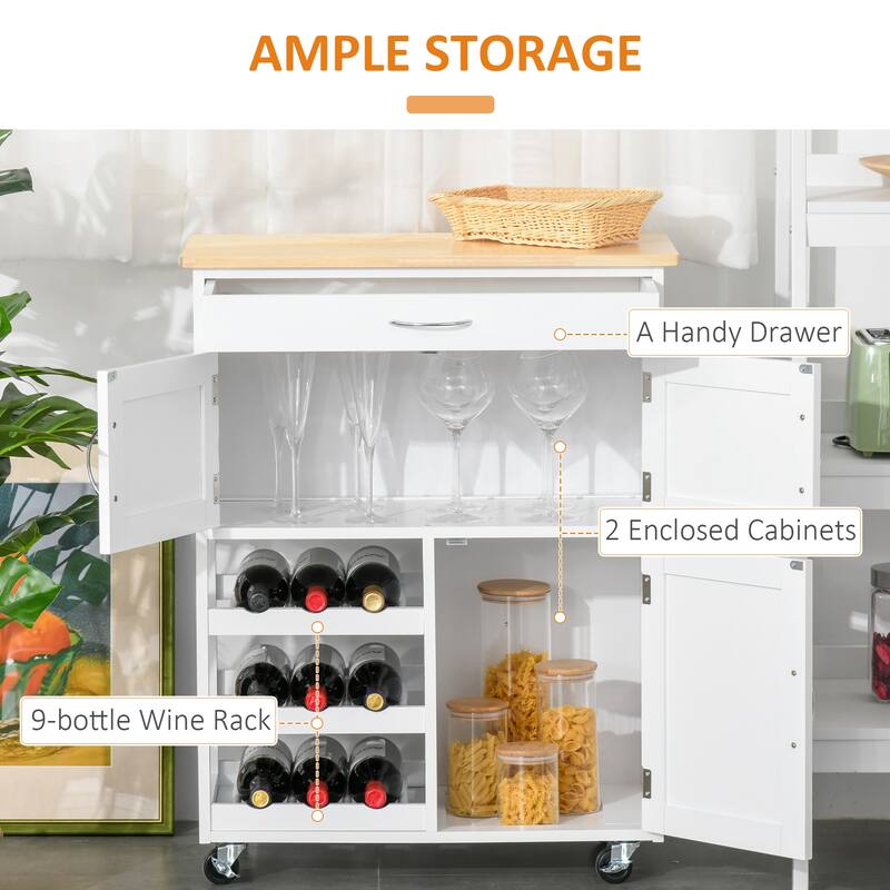 Bar Cart Rolling Kitchen Island On Wheels With Wine Rack(no include stool) - White