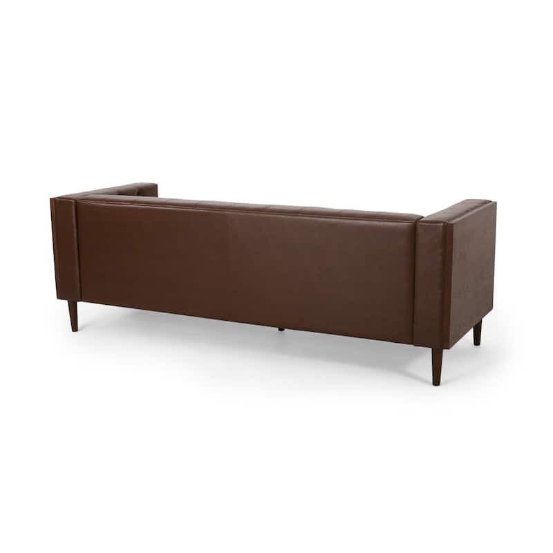 Biya Sofa, 3 Seater, 90 Inch, Tufted Dark Brown Faux Leather, 2 Pillow