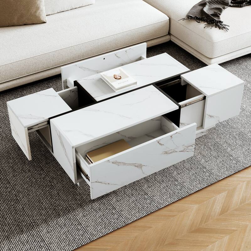 Anmytek Rectangular Sliding Top Coffee Table for Living Room 2 Drawers 2 Hidden Storage - MDF - White