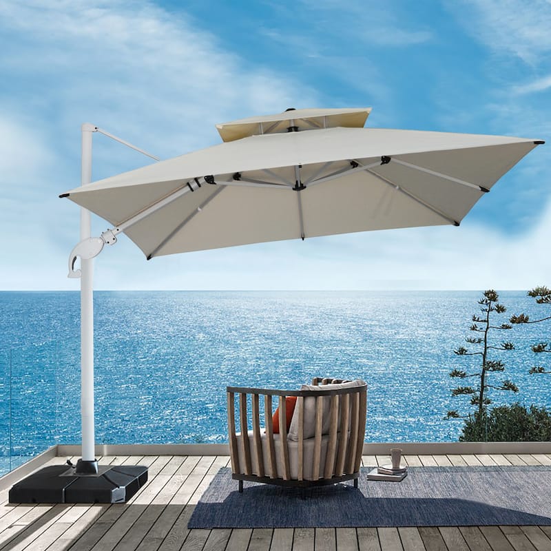 9 x 11 FT Outdoor Dual Top Solar Powered LED Aluminum Patio Cantilever Umbrella and Weighted Base