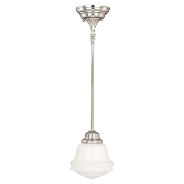 slide 1 of 1, Huntley Satin Nickel Farmhouse Schoolhouse Mini Pendant Ceiling Light White Glass - 6.25-in W x 15-in H x 6.25-in D