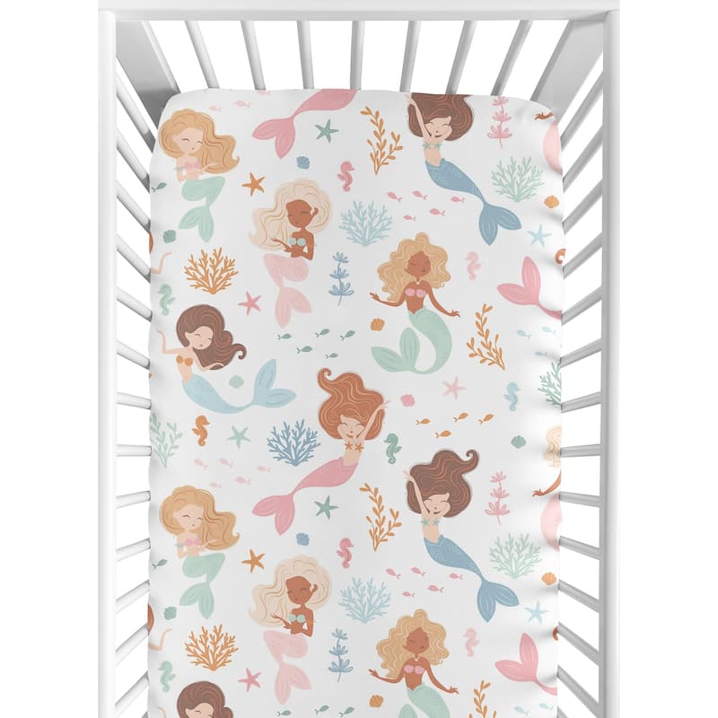 Sweet Jojo Designs Ocean Mermaids Girl 2 Pack Fitted Crib Sheets Solid Blush Pink and Under the Sea Underwater Theme Fairytale
