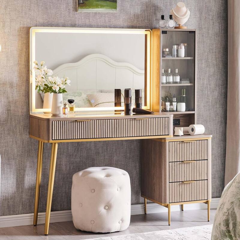 Modern Makeup Vanity Desk with HD Lighted Mirror, Dressing Table - Alder Grey
