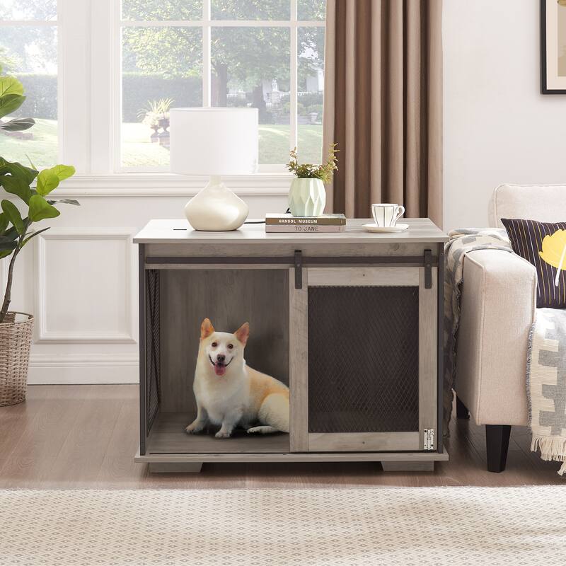 Wooden Dog Crate Furniture, Dog Kennel End Table with Sliding Barn Door, Dog Cage with Flip-top Plate & Detachable Divider