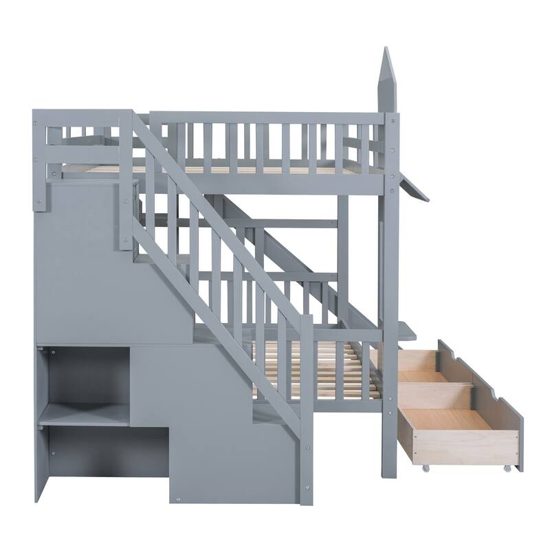 Full-Over-Full Castle Style Bunk Bed with 2 Drawers 3 Shelves and Slide