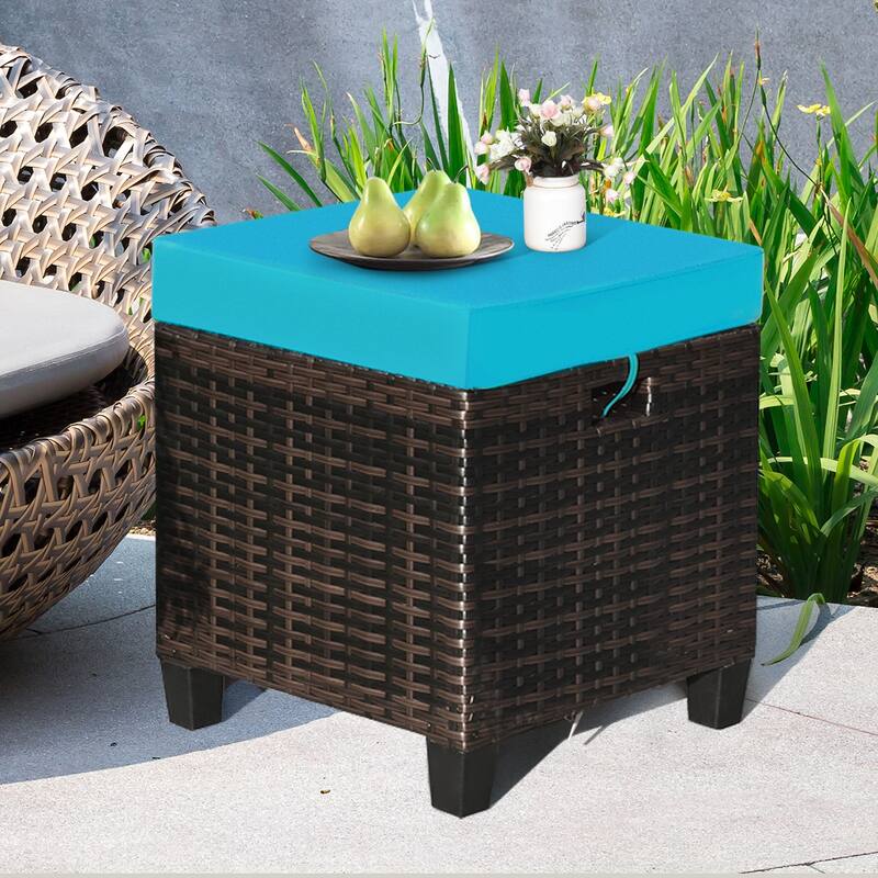 Outdoor Cushioned Rattan Wicker Ottomans (Set of 2)