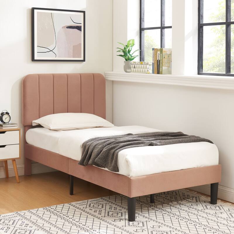 VECELO Velvet Upholstered Bed Frame with Vertical Channel Tufted Headboard, Adjustable Headboard, Wooden Slats Support