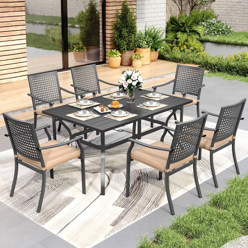 8-Piece Patio Dining Set Metal E-coating of 6 Upgraded Back Pattern Chairs & 1 Metal Table & 13FT Large Umbrella