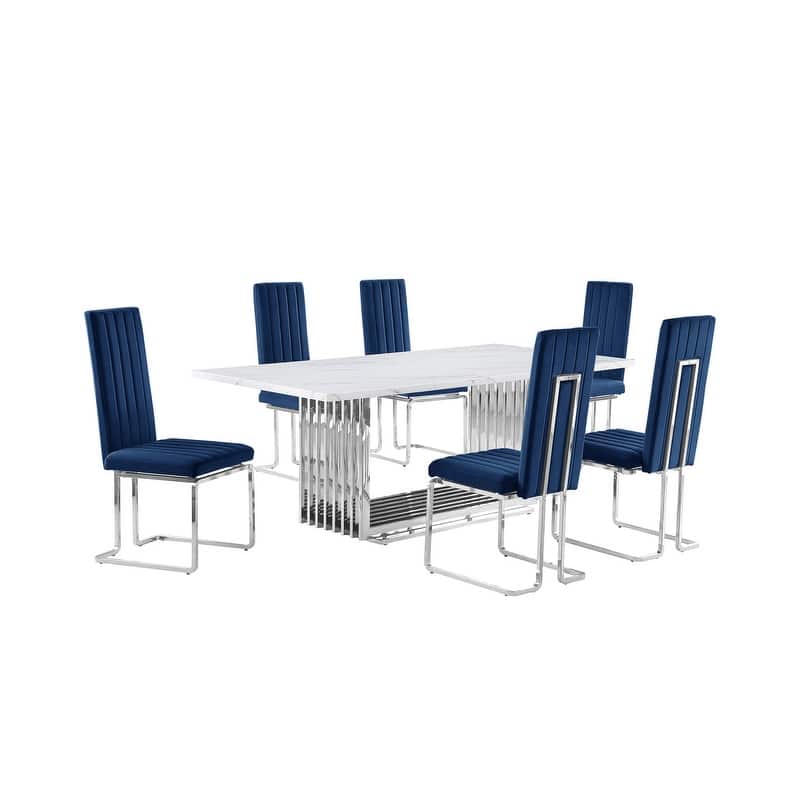 Best Quality Furniture D312/3-SC340-7 Dining Set with 79" White Marble Top