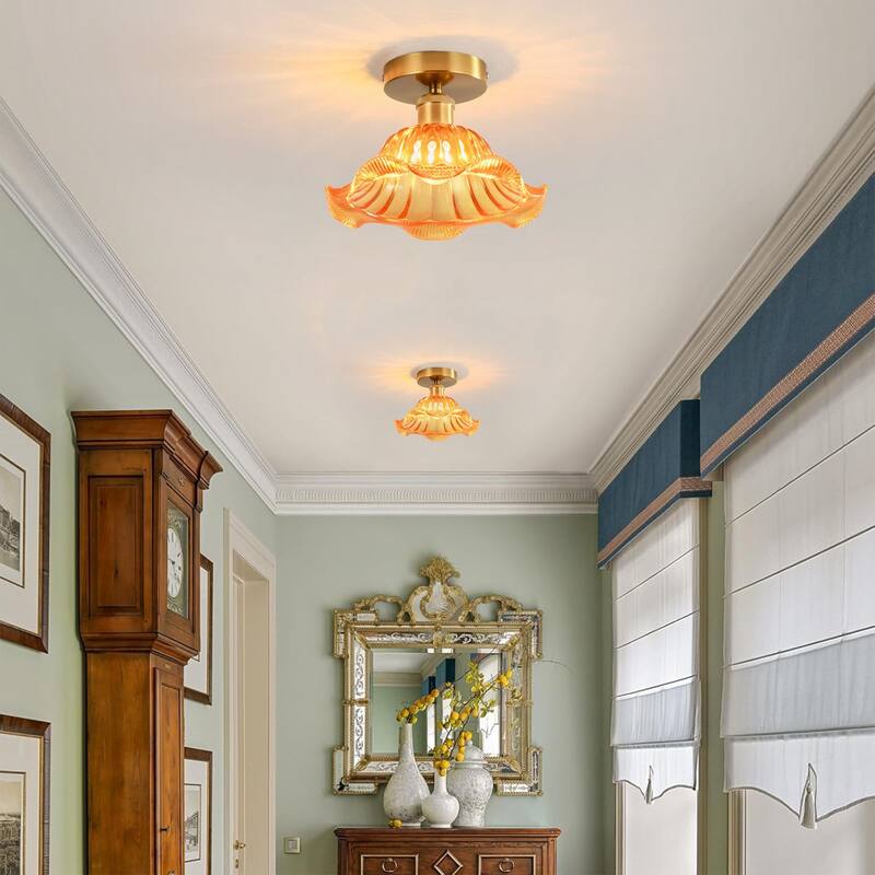 1-Light Retro Flower-Shaped Mertal Semi-Flush Mount Ceiling Light with Amber/Green Textured Glass Shade