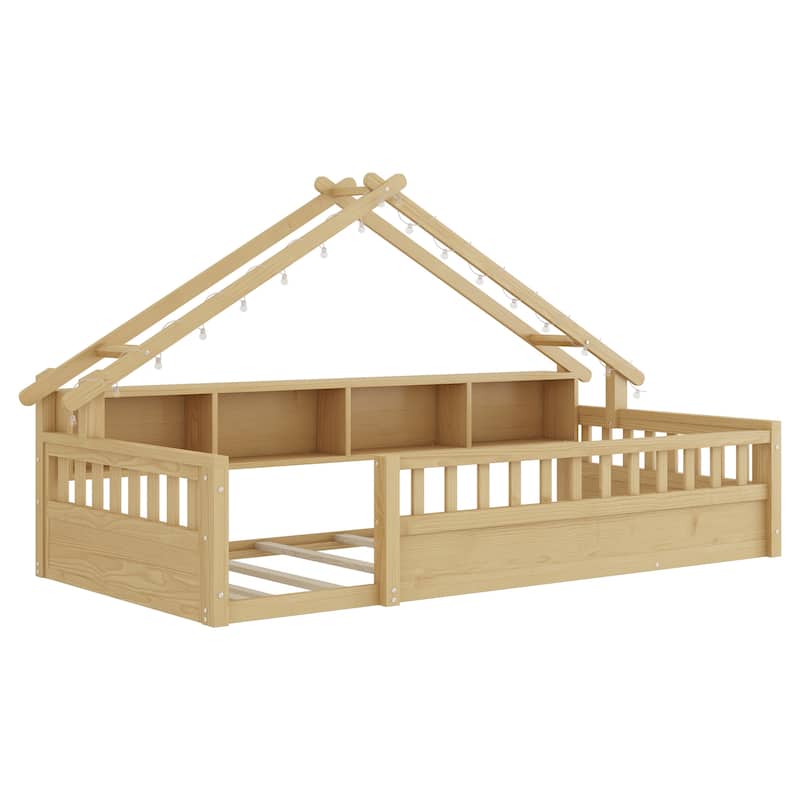 Floor Bed House Bed Frame with Storage Shelf Safety Guardrails