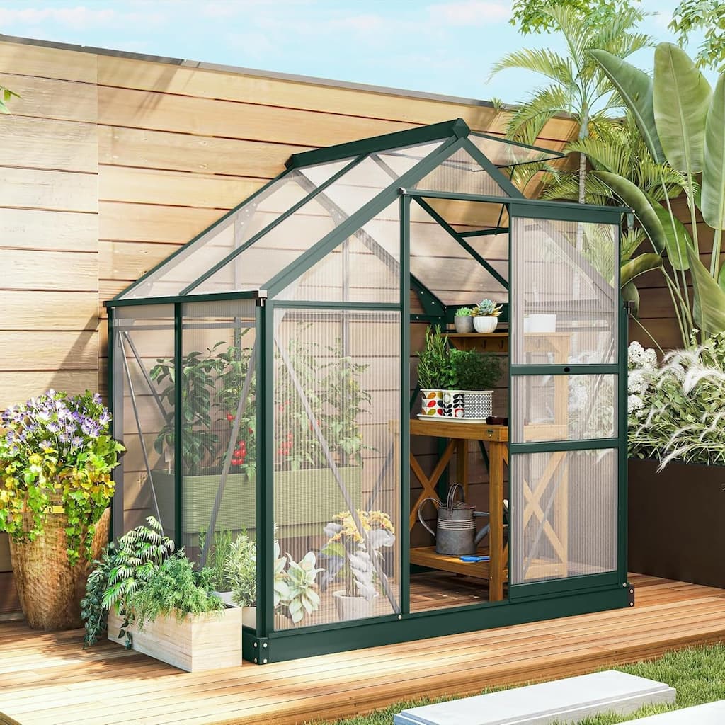 All-Season Backyard Garden 6x4FT Walk-in Polycarbonate Greenhouse, Green