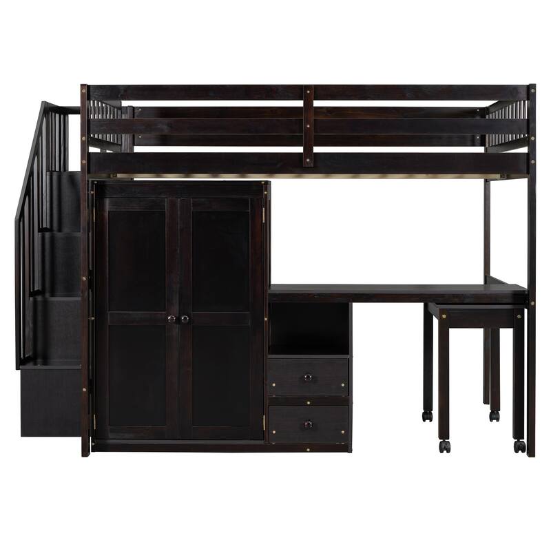 Multifunctional Full Size Loft Bed with Stairs, Bookshelf, Drawers, Desk & Wardrobe for Kids & Teens