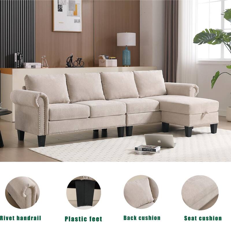 106" Modern L Shape Convertible Linen Sectional Sofa with Storage for Living Room