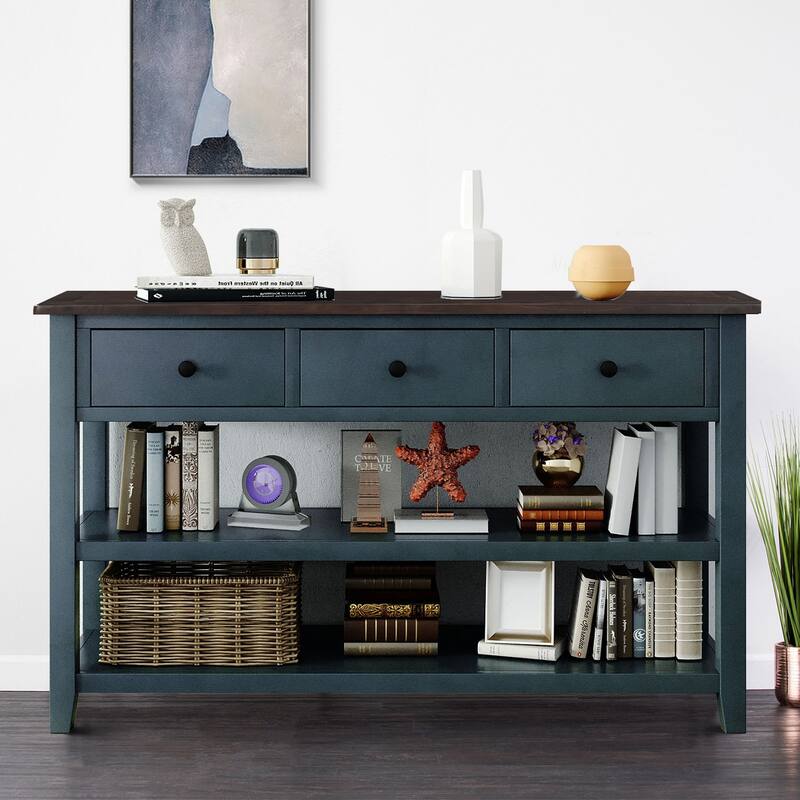 Minimalist Wooden Console Table with Black Circular Handles - Espresso+Navy