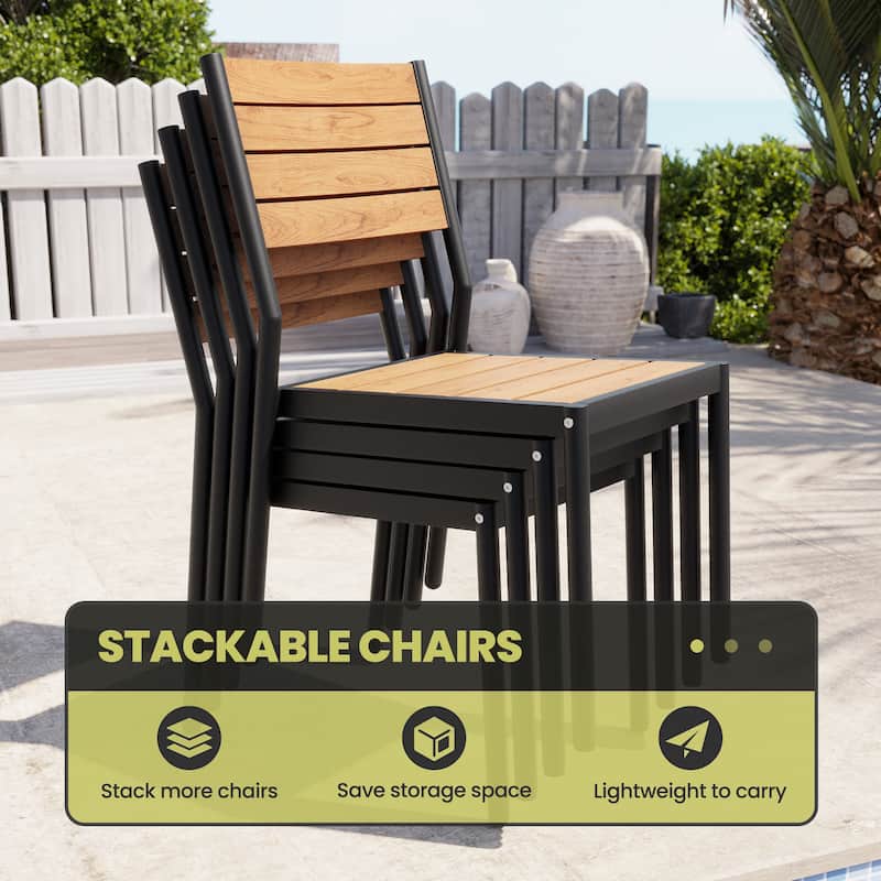 11 PCS Outdoor Rectangle Aluminum Dining Table with Umbrella Hole and 10 Stackable Chairs