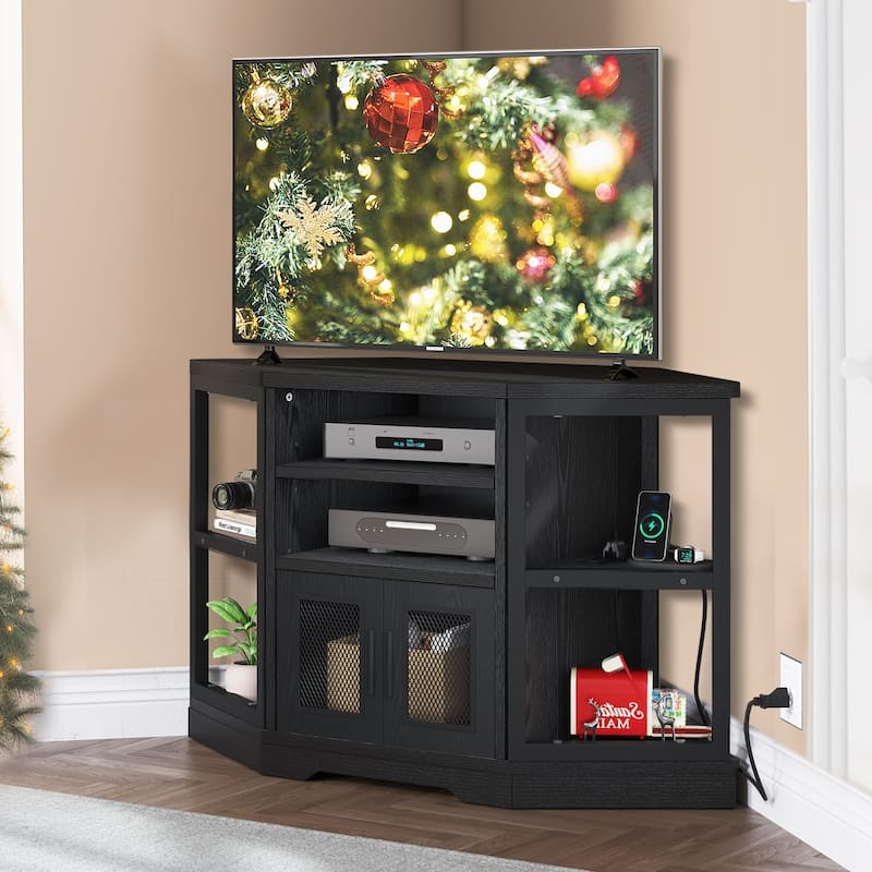 Farmhouse Corner TV Stand Entertainment Center Media Console for TVs up to 55" with Power Outlet - Black Wood Grain