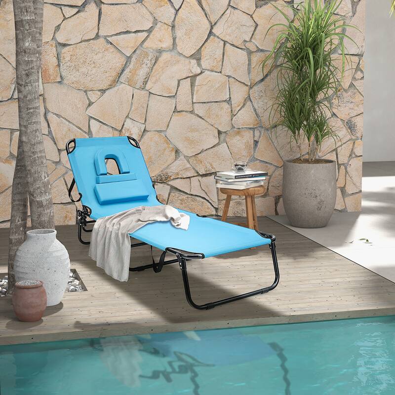 Beach Adjustable Backrest Chaise Lounge Chair w/ Face Hole & Pillows
