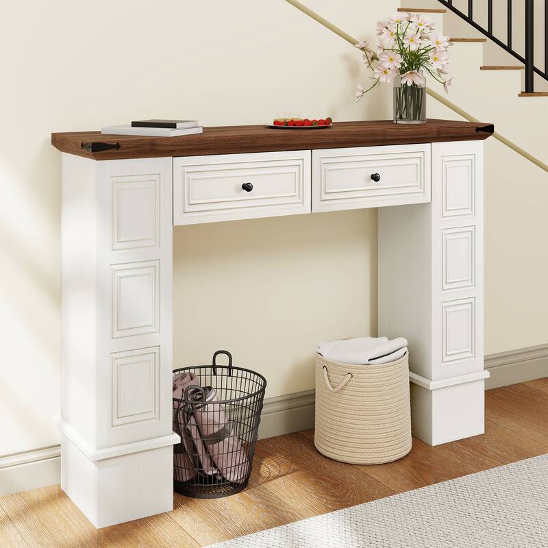 Moasis Modern 2-Drawer Console Table Narrow Long Sofa Table Behind Couch Table - Walnut Top/White