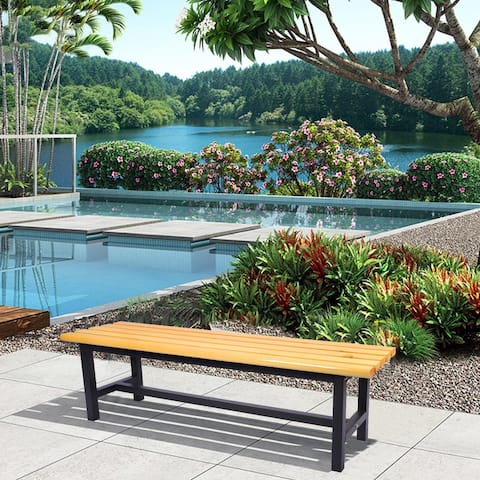 Outdoor Anticorrosive Wood Bench With Black Iron Legs, Contemporary Yellow
