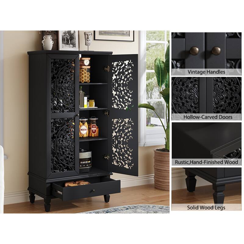 Roomfitters 55'' Tall Storage Cabinet, Carved Wood Accent Sideboard with Solid Wood Legs for Dining Room