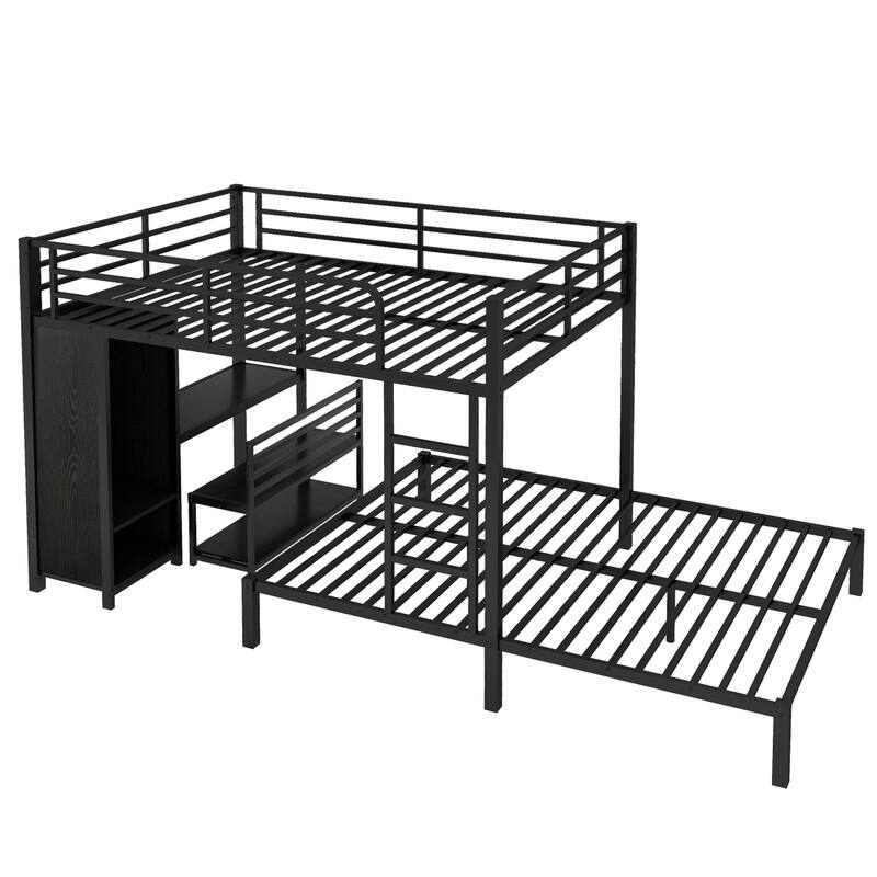 Roomfitters Queen over Queen Metal Bunk Bed with Built-in Wardrobe, Desk & Storage Chairs, Space-Saving Frame, Black