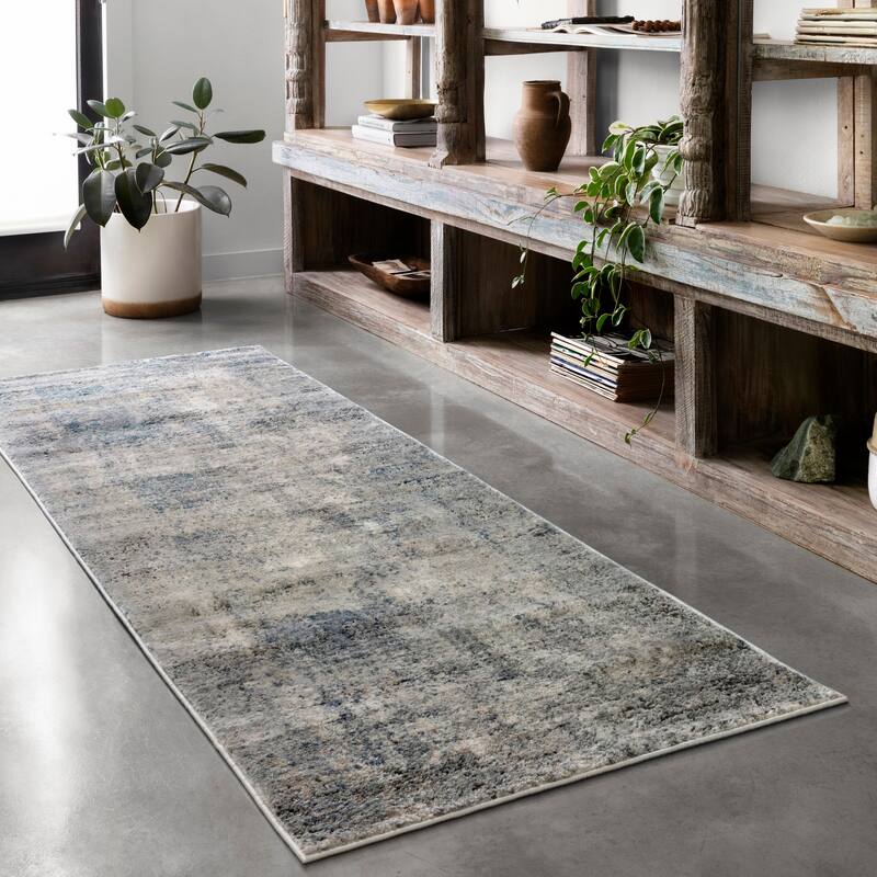 Alexander Home Josefina Distressed Abstract Contemporary Rug - 2' 8" x 13' - DENIM / SLATE - Runner