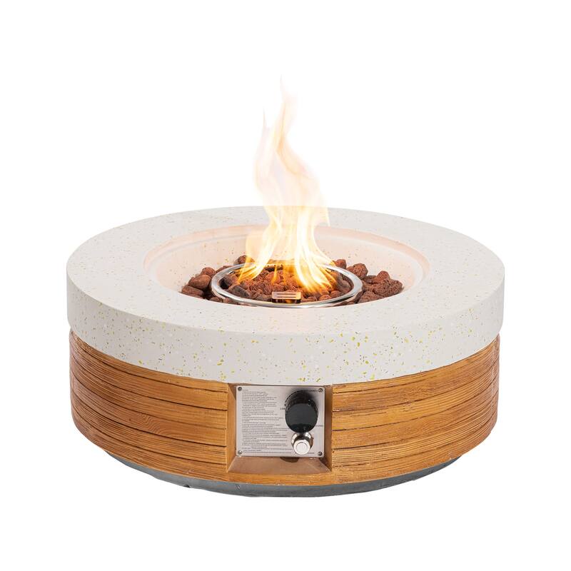 COSIEST 28''Outdoor Concrete Propane Fire Pit Table,Marble & Wood Style Design - Round