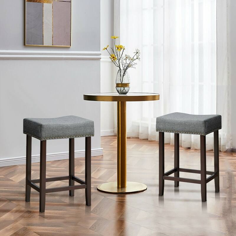 2 pcs Nailhead Saddle Bar Stools with Fabric Seat & Wood Legs-Gray - 17.5" x 13.5" x 24" (L x W x H)