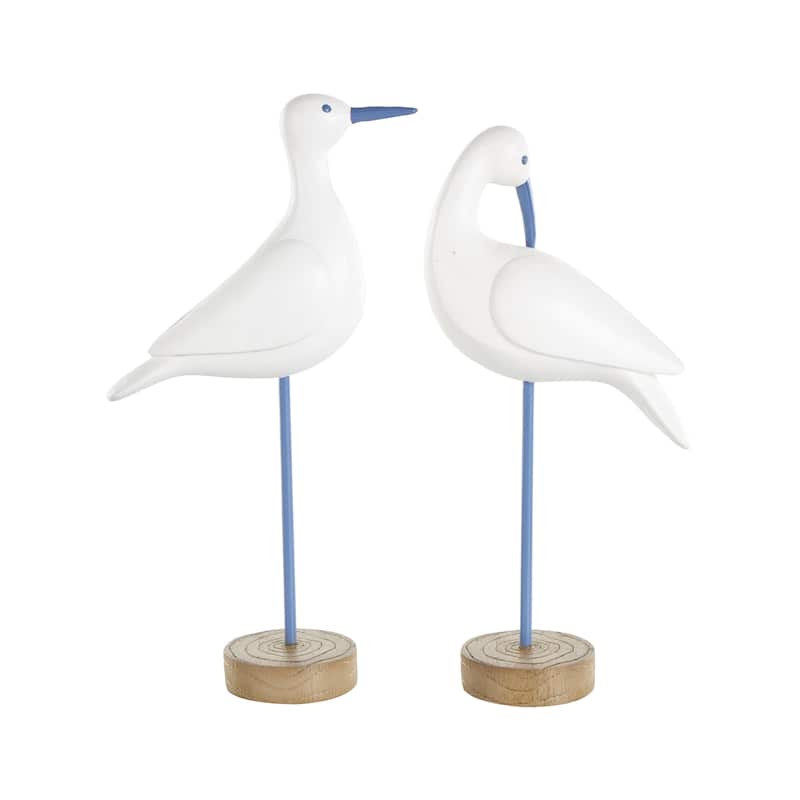 Polystone Bird Decorative Sculpture with Blue Coral Patterns and Wood Inspired Bases - Set of 2 White - Roche River Decor