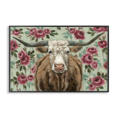 Stupell Longhorn with Magenta Blooms Framed Giclee Art Design By Sara G. Designs
