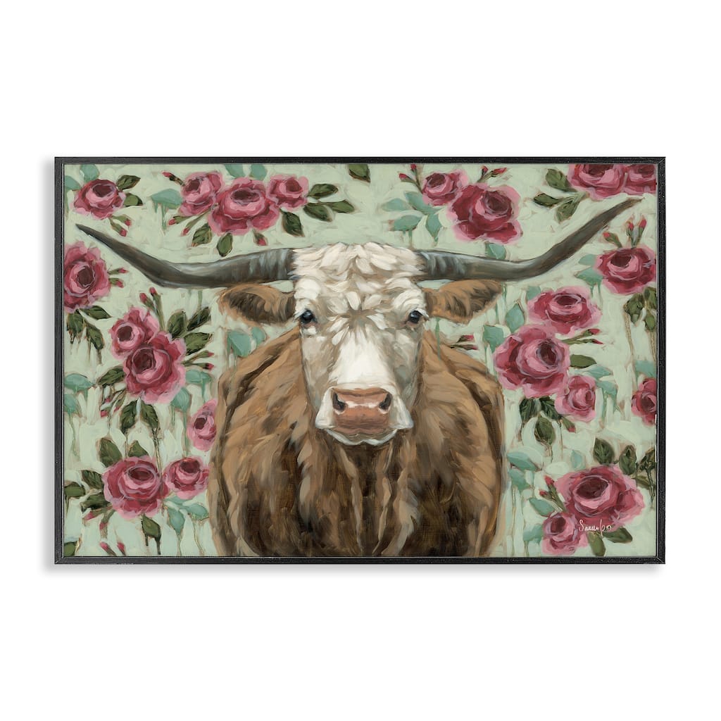 Stupell Longhorn with Magenta Blooms Framed Giclee Art Design By Sara G. Designs